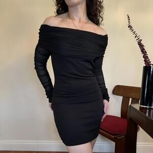 Y2K Off the Shoulder Mini Dress Black Ruched Long Sleeve Size Medium